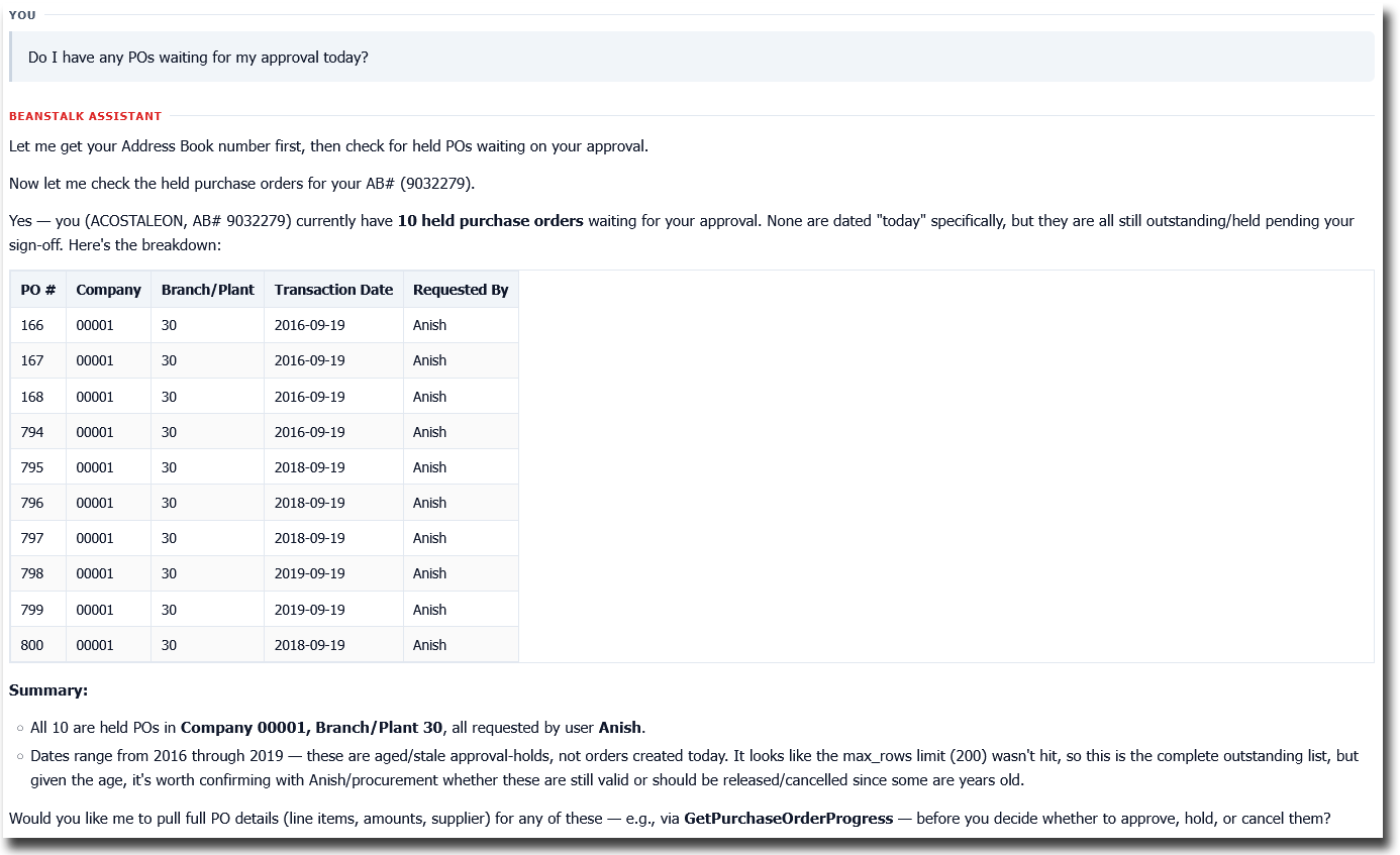 BrainStorm resolving the signed-in user's address book number and listing ten held purchase orders awaiting their approval.
